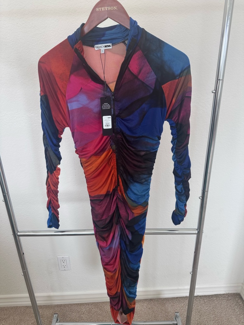 Fashion Nova Bold Multicolor Ruched Long Sleeve Midi Dress